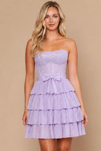 Lavender Corset Tiered Glitter Mini Dress With Waist Bow