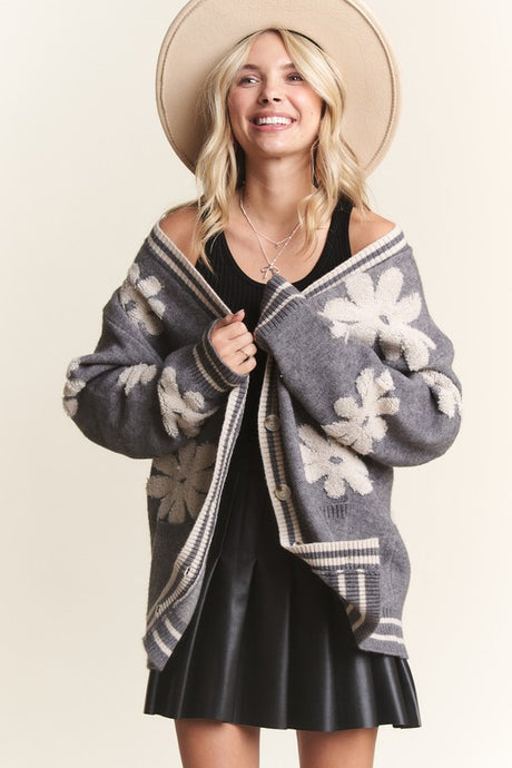 Grey Button Down Floral Cardigan