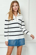 White Stripe Knit Zip-up High Collared V-neck Sweater