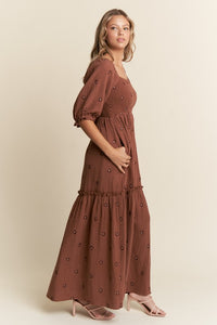 Chocolate Floral Embroidered Tiered Maxi Dress