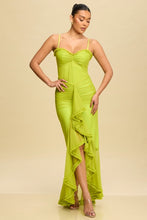 Lime Shirred Mesh Ruffle Maxi Dress