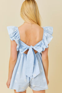 Light Blue Ruffle Shoulder Shirring Babydoll Romper