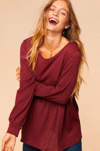 Burgundy Plus Two Tone Rib Babydoll Bubble Sleeve Knit Top
