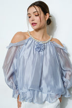 Dusty Blue Off-Shoulder Pearl Accent Organza Ruffle Blouse