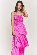 Fuchsia Satin Ruched Multi Layer Maxi Dress