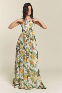 White Combo Leaf Print Smocked Tube Wide Leg Jumpsuit