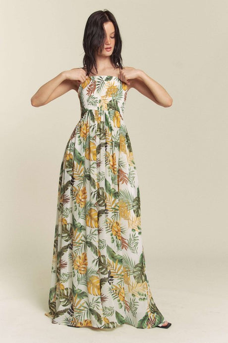 White Combo Leaf Print Smocked Tube Wide Leg Jumpsuit