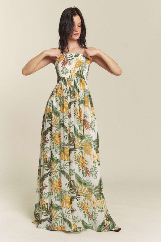White Combo Leaf Print Smocked Tube Wide Leg Jumpsuit