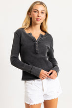 Black Acid Washed Half Placket Ribbed Knit Top
