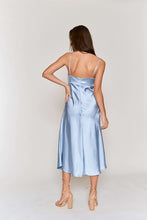 Sky Blue Satin Tie Bust Spaghetti Strap Midi Dress