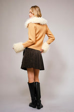 Camel Faux Fur Trim Lace Up Cardigan