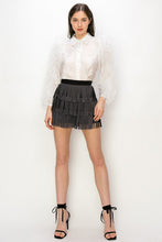 Off White Shimmer Long Sleeve Neck Ribbon Button Down Top