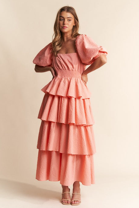 Salmon Square Neckline Ruffle Tiered Maxi Dress