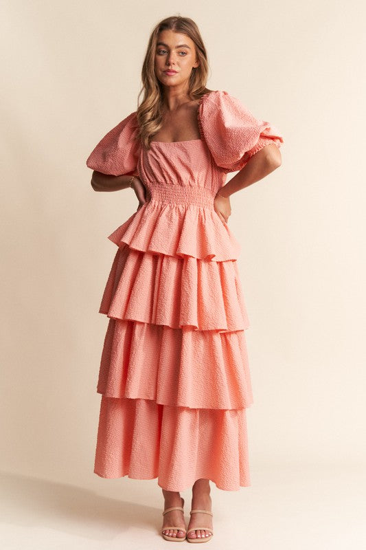 Salmon Square Neckline Ruffle Tiered Maxi Dress