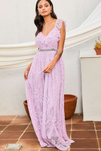 Lavender Elastic Shoulder Ruffle Back Zipper Lace Dress