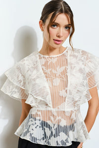 White Sheer Floral Stripe Print Ruffle Blouse