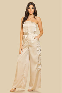 Taupe Unbalanced Tube Top With Pocket Jumpsuit