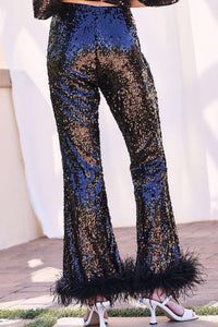 Black Side Zipper Hem Feather Trim Sequin Wide Leg Pants