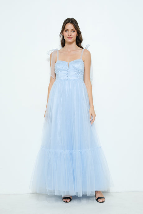 Light Blue Bow Tie Strap Lace-up Back Tulle Maxi Dress