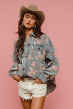 Floral Print Washed Denim Shacket With Side Pocket