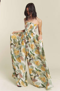 White Combo Leaf Print Smocked Tube Wide Leg Jumpsuit