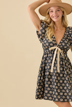 Black Deep V-neck Mini Dress With Bubble Sleeve And Hem