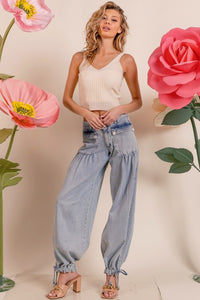 Lt Denim Washed Denim Wide Leg Pants With Tie Hem Detail