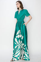 Ht.Green V Neck Leaf Printed Wide Jumpsui