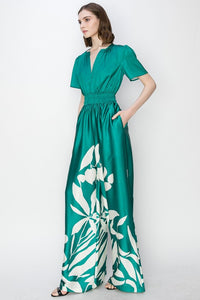 Ht.Green V Neck Leaf Printed Wide Jumpsui