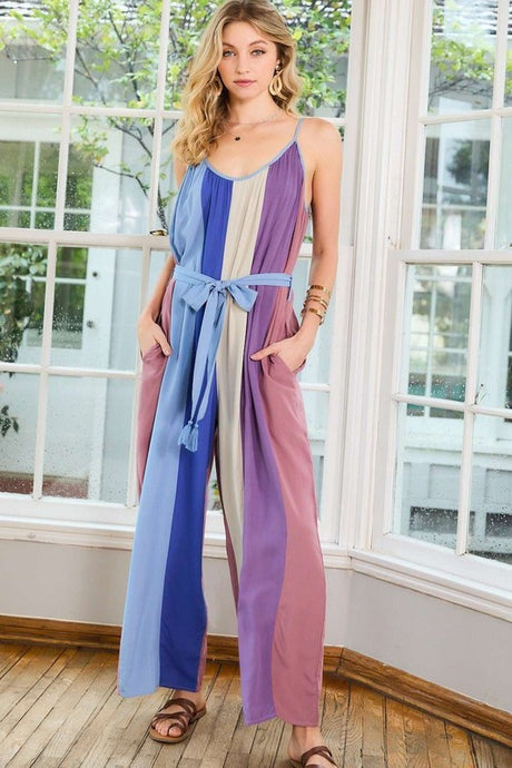 Rose Brown Multi Round Neck Back Zipper Color Block Jumpsuit