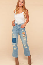 Mid Blue Ripped Patchwork High Waist Straight Leg Jeans