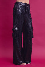 Black Sequin Cargo Pants With Pockets