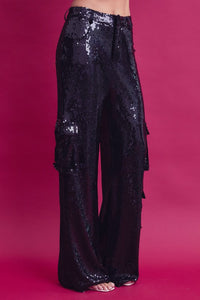 Black Sequin Cargo Pants With Pockets