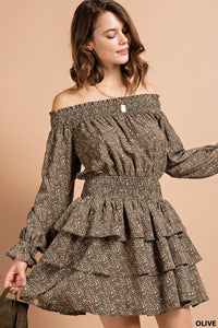 Olive Smocked Neckline Mini Dress With Tiered Layers