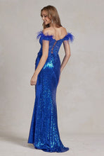 Royal Blue One-Shoulder Sequin Slit Long Evening Dress