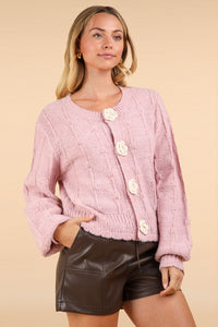 Blush Floral Button Crop Length Knit Sweater Cardigan