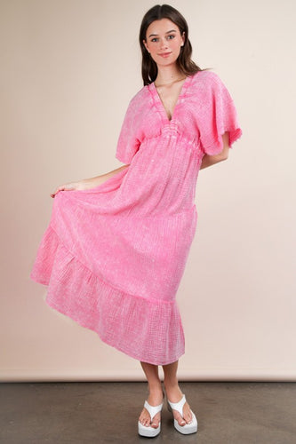 Pink Mineral Washed Elastic Neck Detail Midi Dress