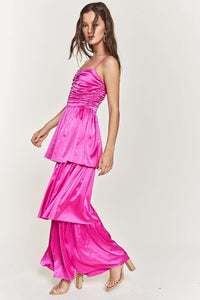 Fuchsia Satin Ruched Multi Layer Maxi Dress