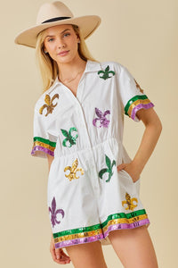 White Mardi Gras Sequin Trim Solid Romper