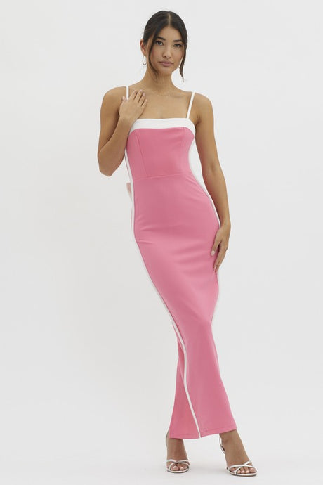 White Contrast Trim Semi Lined Maxi Dress