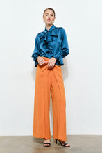 Teal Chic Satin Ruffled Jeweled Bell Sleeves Blouse Top