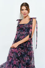 Black Multi Organza Floral Printed Tiered Midi Dress