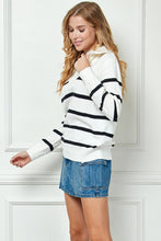White Stripe Knit Zip-up High Collared V-neck Sweater