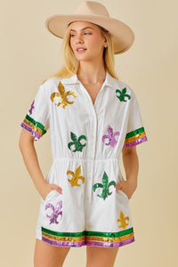 White Mardi Gras Sequin Trim Solid Romper