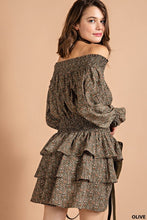 Olive Smocked Neckline Mini Dress With Tiered Layers