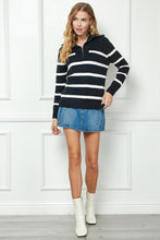 Black Stripe Knit Zip-up High Collared V-neck Sweater