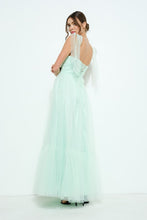 Light Green Bow Tie Strap Lace-up Back Tulle Maxi Dress