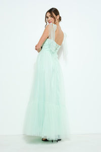 Light Green Bow Tie Strap Lace-up Back Tulle Maxi Dress