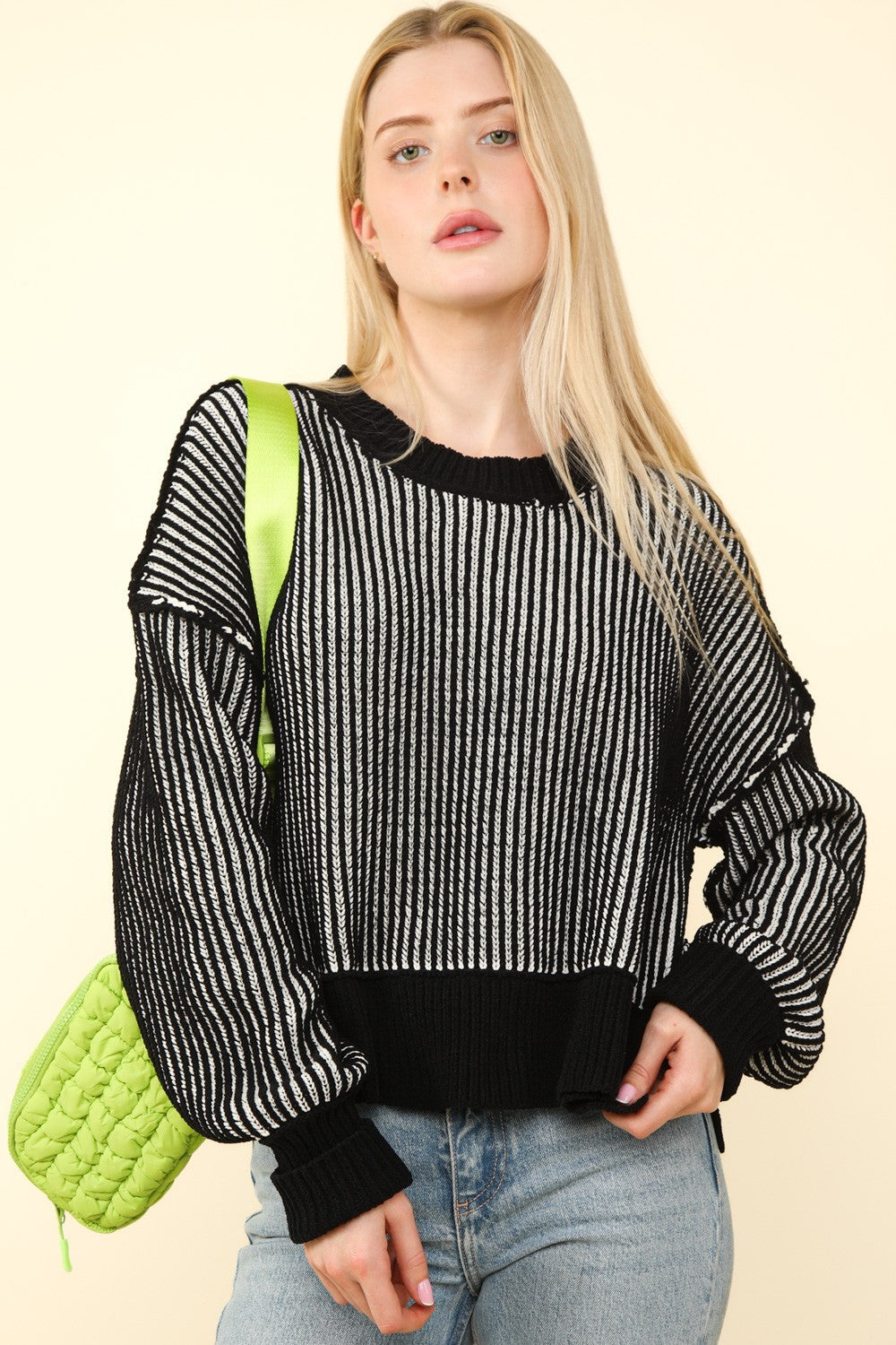 Black Two Tone Striped Casual Stripe Sweater Top