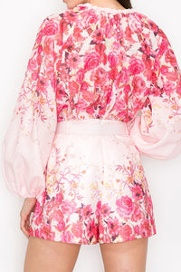 Pink Multi Floral Print Blouse and Belted Short Pants Set